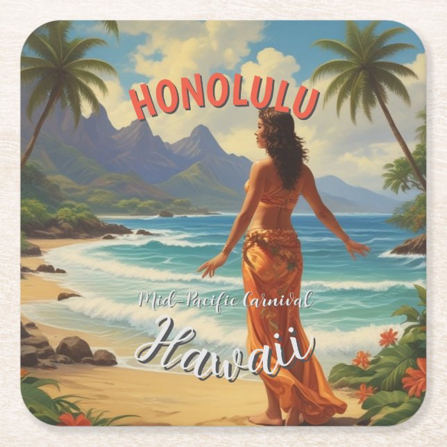 Vintager Stil Hawaiian Travel Honolulu Mittelpazif Rechteckiger Pappuntersetzer (Vorderseite)