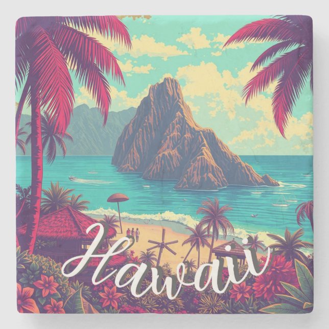 Vintager Stil Hawaiian Travel Honolulu Mittelpazif Steinuntersetzer (Vorderseite)