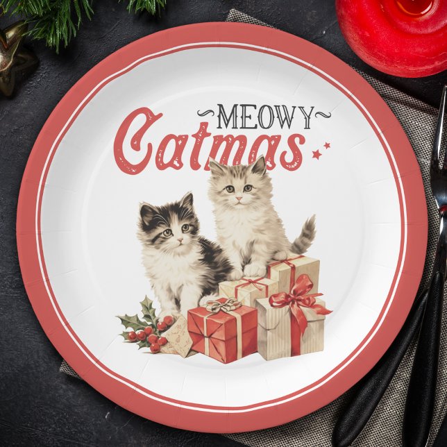 Vintager Stil Meowy Catmas Weihnachten Pappteller (Von Creator hochgeladen)