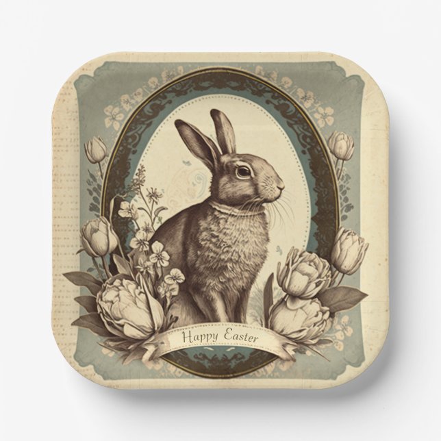 Vintager Stil Osterfrühling Bunny Napkins Pappteller (Vorderseite)