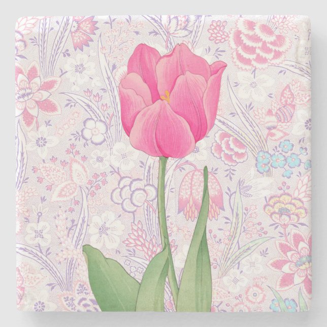 Vintager Stil Pink Tulip Blume Untersetzer (Vorderseite)