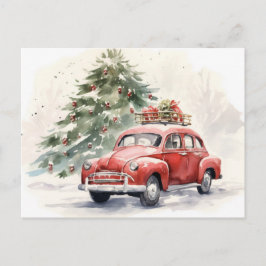 Vintager Stil Rote Auto und Weihnachtsbaumgrüße Postkarte