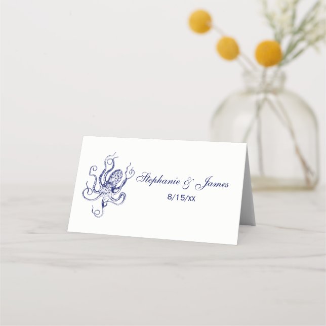 Vintager stilisierter Oktopus Zeichnend #1 Blau Platzkarte (Vorderseite)