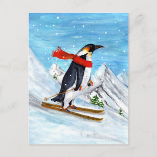 Vintager Stilpinguin Abfahrt Skifahren Postkarte