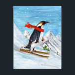 Vintager Stilpinguin Skifahren Postkarte<br><div class="desc">Gute Winterferien!</div>