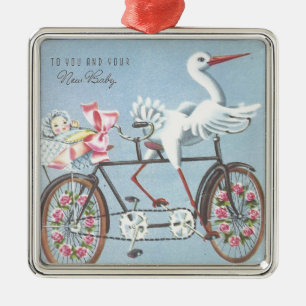 Vintager Storch auf dem Fahrrad für Sie und Ihr Ba Ornament Aus Metall