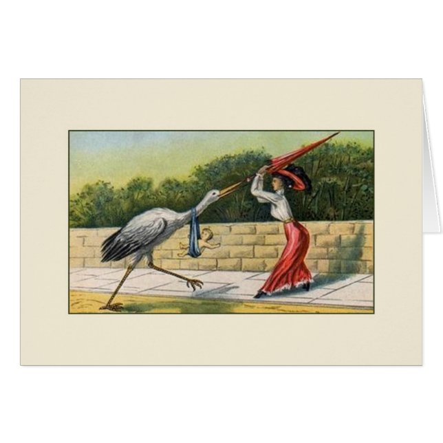Vintager Storch-humorvolle Baby-Karte (Vorderseite (Horizontal))