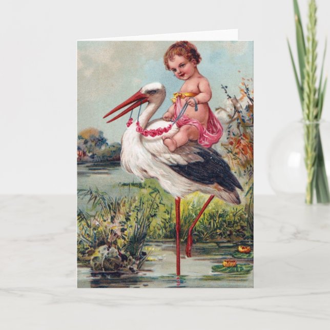 Vintager Storch und Baby Ankündigung (Vorderseite)