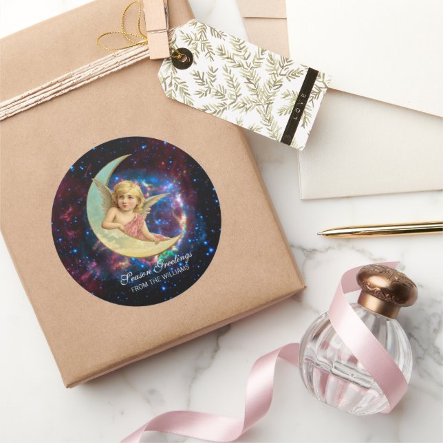 Vintager süßer Engel auf dem Mond Runder Aufkleber (Schenken)