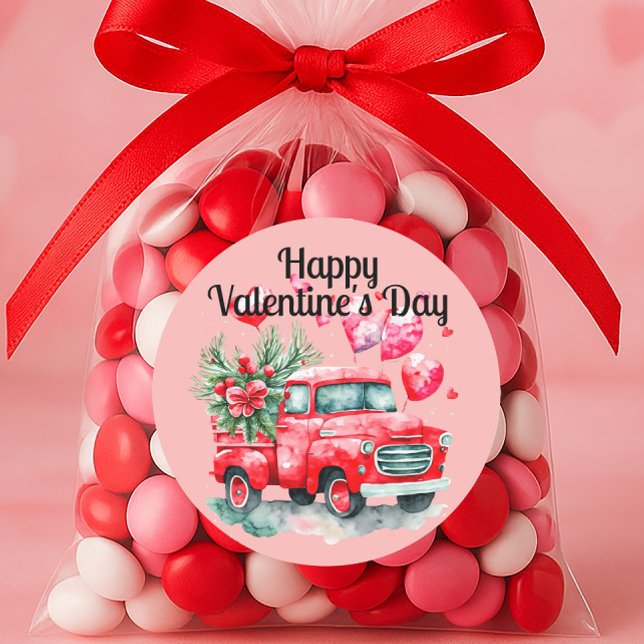 Vintager Tag des Roten Herzens Runder Aufkleber (Valentine's Day truck and hearts sticker)