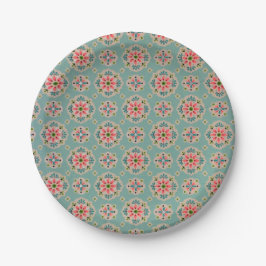 Vintager Tapetenpapier-Teller Rosa und Aqua Pappteller