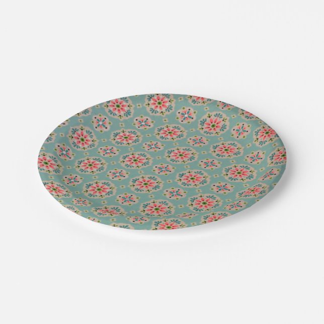 Vintager Tapetenpapier-Teller Rosa und Aqua Pappteller (Schrägansicht)