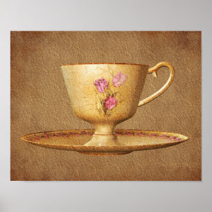 Vintager Teacup auf älteren Kunstwerken Poster