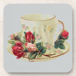 Vintager Teecup mit Rose Getränkeuntersetzer