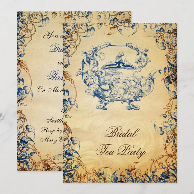 Vintager Teekessel Blau Rustikales Brauchtum Tea E Einladung (Vorne/Hinten)