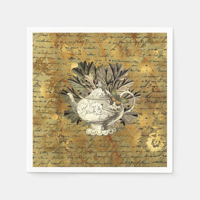 Vintager Teekessel und goldenes Ephemopapier Serviette (Vorderseite)