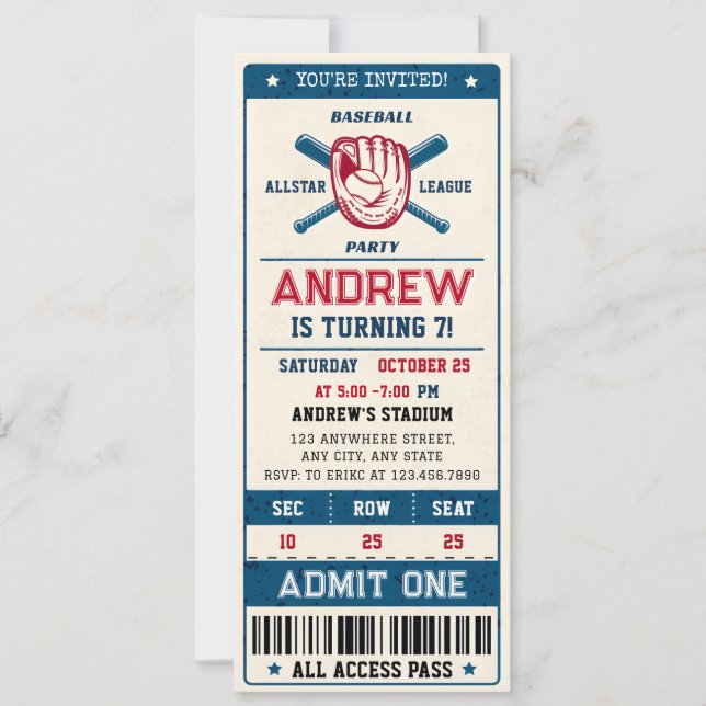 Vintager Ticketstil für den persönlichen Baseball- Einladung (Vorderseite)