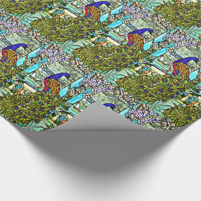 Vintager Tiffany beflecktes Glas-Pfau Geschenkpapier (Ecke)