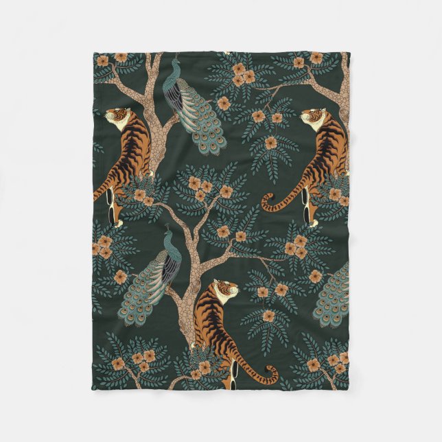 Vintager Tiger und Pfau Fleecedecke (Vorderseite)