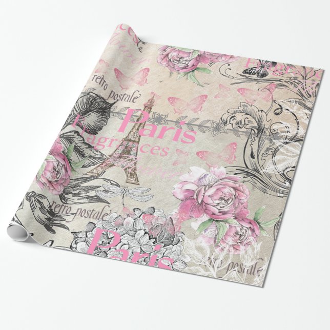 Vintager Tipp: Schwarzer Rosa Blütenturm Paris Eif Geschenkpapier (Ungerollt)