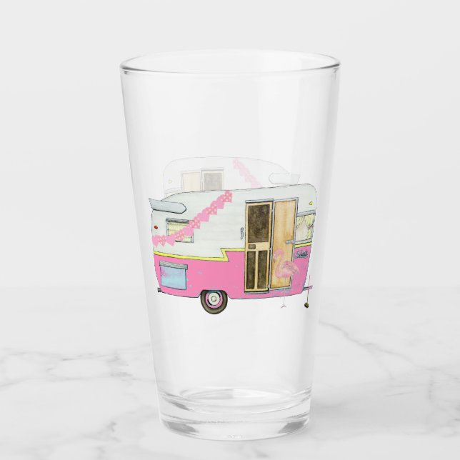 Vintager Trailer mit rosa Shirt Glas (Vorderseite)