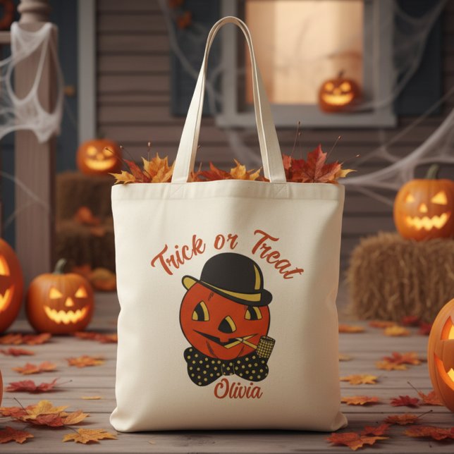Vintager Trick oder Treat Pumpkin Custom Halloween Tragetasche (Vintage Trick or Treat Pumpkin Custom Halloween Tote Bag - Just add your trick-or-treater's name!)
