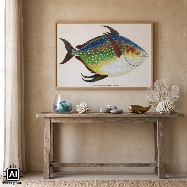Vintager tropischer Ochsenfisch, Meerwassertier Poster (Vintage illustration marine life design featuring a tropical opah fish.)
