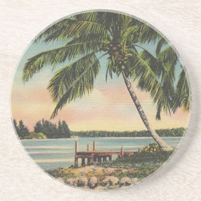 Vintager tropischer Palmenbaum Sonnenuntergang Sandstein Untersetzer (Vorne)