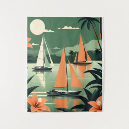 Vintager tropischer Strand und Segelboote Retro Wandteppich