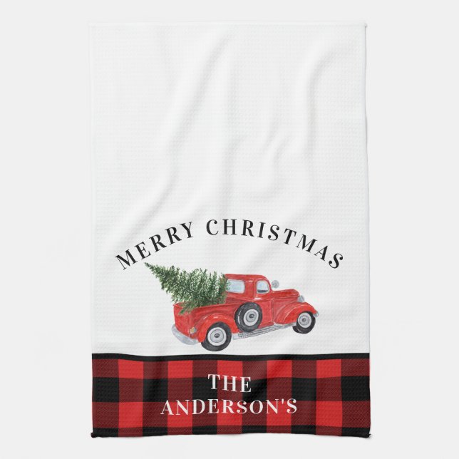 Vintager Truck Weihnachtsbaum Kariert Bauernhof Geschirrtuch (Vertikal)