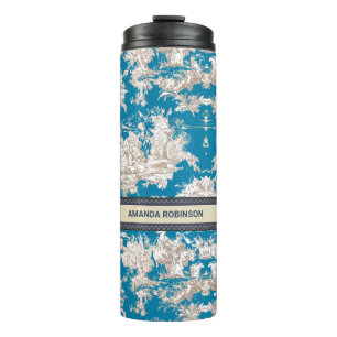 Vintager türkisfarbener Toile de jouy monogram Thermosbecher