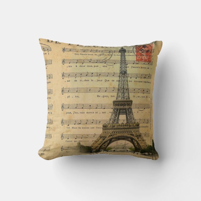 Vintager Turm Musiknotenfranzoseparis Eiffel Kissen (Vorderseite)