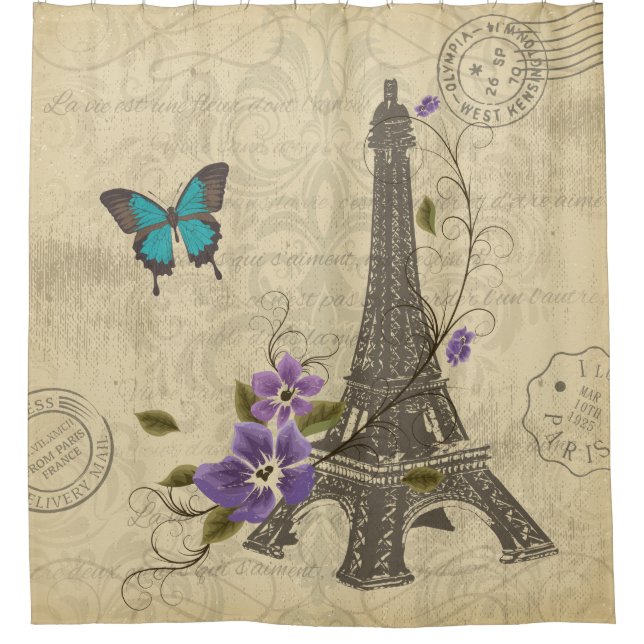 Vintager Turm-Schmetterlings-Damast Paris Duschvorhang (Vorderseite)