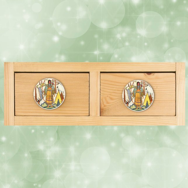 Vintager Urwald der amerikanischen Weibchen Keramikknauf (Native American woman in forest teepee bow arrow on embroidered look drawer knobs.)