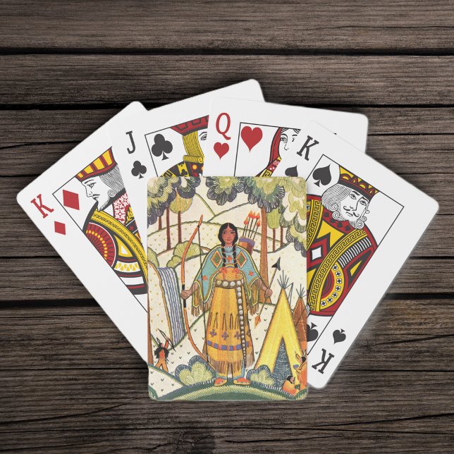 Vintager Urwald der amerikanischen Weibchen Spielkarten (Embroidered look Native American lady in woods yellow teepee trees on deck of playing cards.)