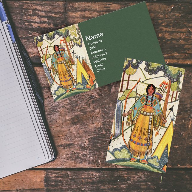 Vintager Urwald der amerikanischen Weibchen Visitenkarte (Native American lady by teepee bow arrow embroidered look green business cards.)