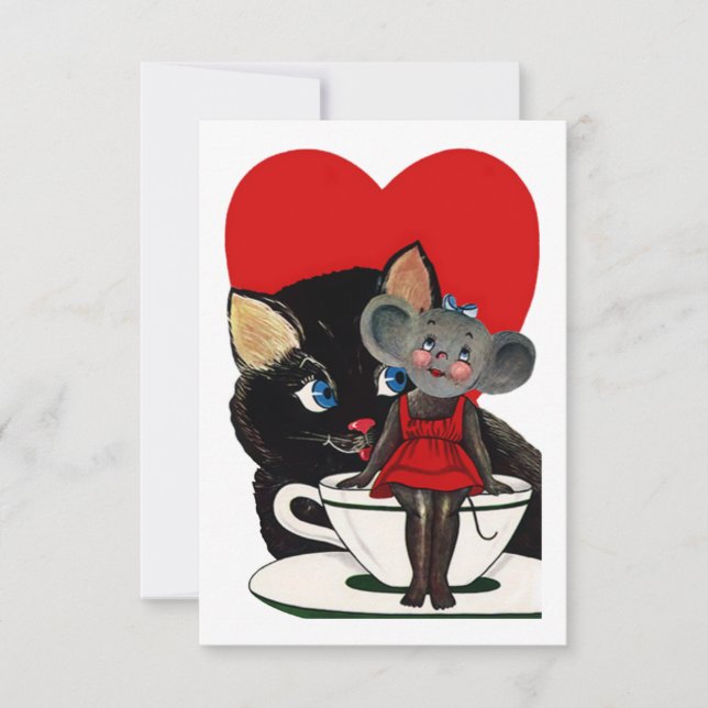 Vintager Valentinstag, Cat Mouse Tea Cup Herz Einladung (Vorderseite)