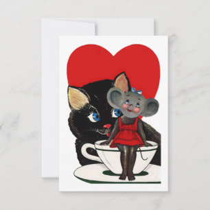 Vintager Valentinstag, Cat Mouse Tea Cup Herz Einladung