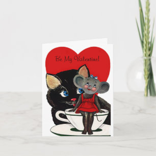 Vintager Valentinstag, Cat Mouse Tea Cup Herz Feiertagskarte
