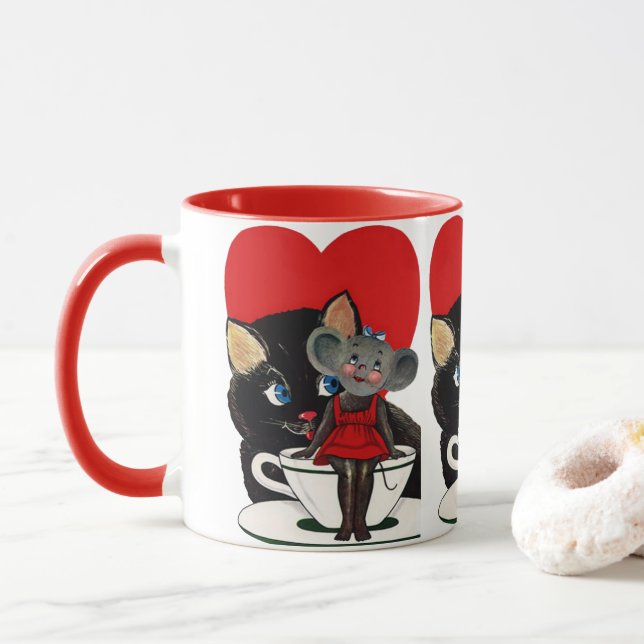 Vintager Valentinstag, Cat Mouse Tea Cup Herz Tasse (Mit Donut)