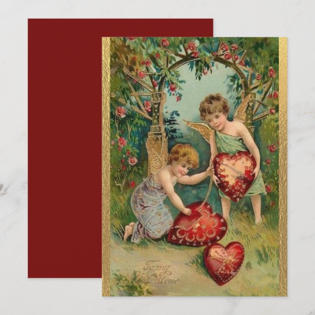 Vintager Valentinstag Cherubs Herz Gold Feiertagskarte (Vorne/Hinten)