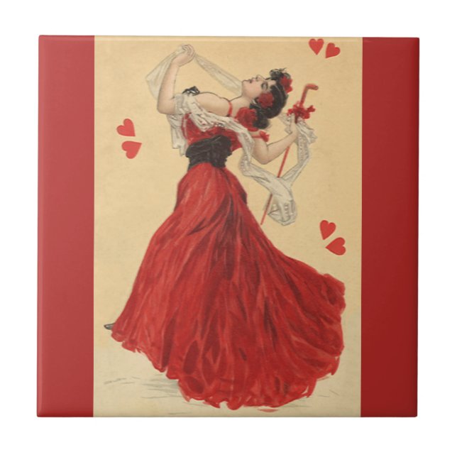 Vintager Valentinstag, Dancing Lady Red Hearts Fliese (Vorderseite)