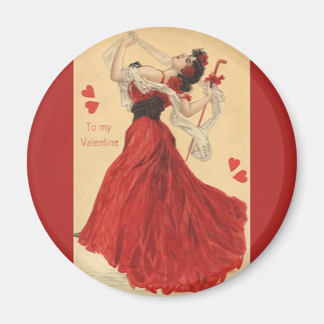 Vintager Valentinstag, Dancing Lady Red Hearts Magnet (Vorne)