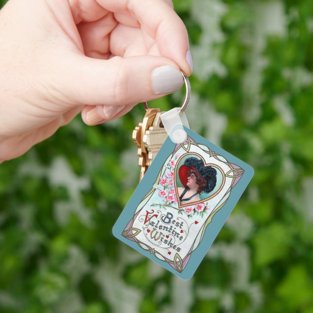Vintager Valentinstag, Elegante Frau im Herzen Schlüsselanhänger (Hand)