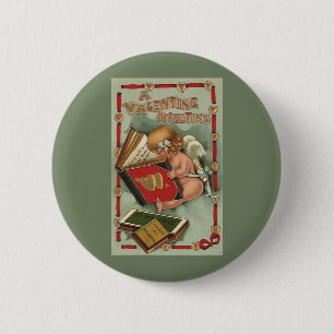 Vintager Valentinstag Engel, Cupid Reading Book Button