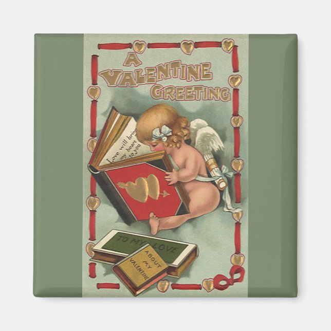 Vintager Valentinstag Engel, Cupid Reading Book Magnet (Vorne)