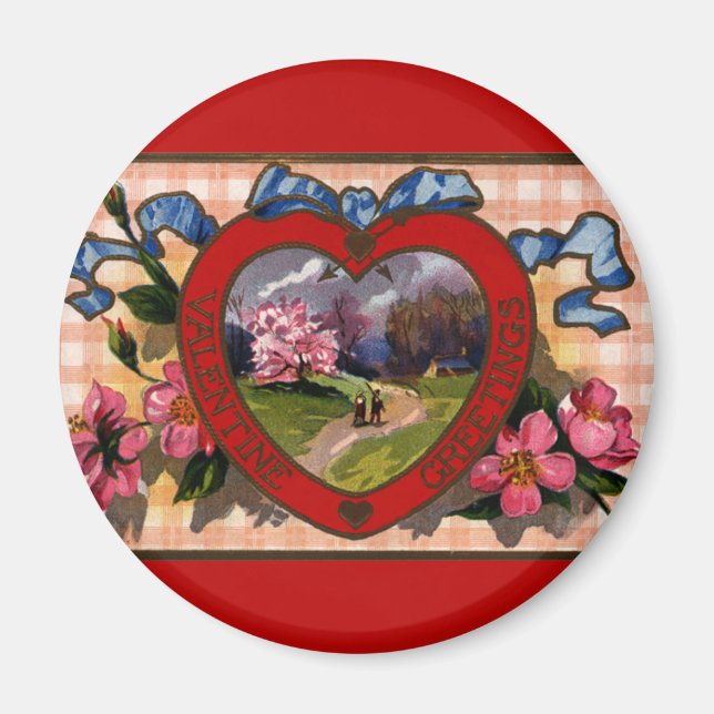 Vintager Valentinstag Grüße - Herz und Blume Magnet (Vorne)