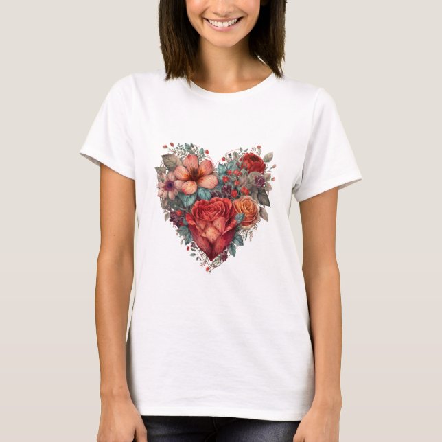 Vintager Valentinstag Herz und Blume T-Shirt (Vorderseite)