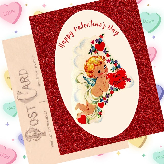 Vintager Valentinstag-Karte Roter Cupid-Glitzer Postkarte (Von Creator hochgeladen)