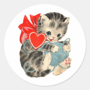 Vintager Valentinstag Kitty Cat Garn Niedlich Retr Runder Aufkleber